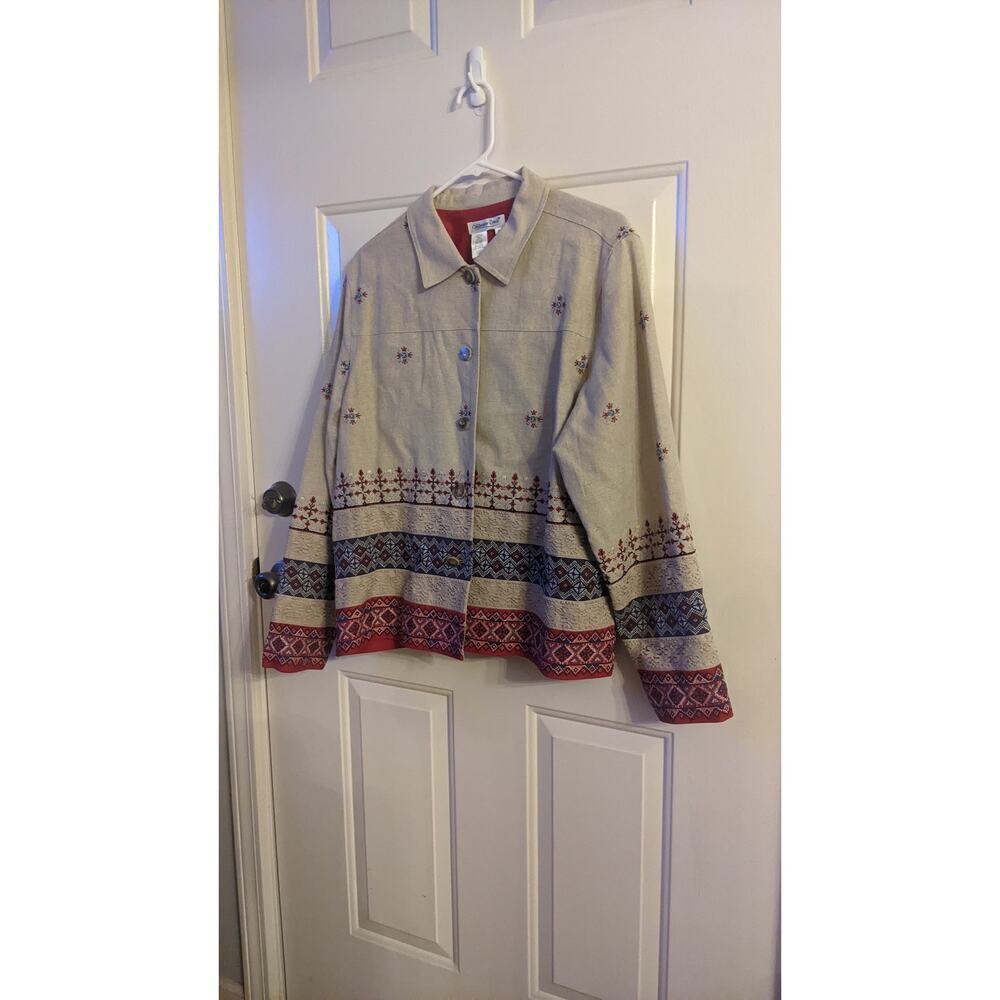 Coldwater Creek Beige Linen Blend Blazer 9with Crossstitch Design, XL